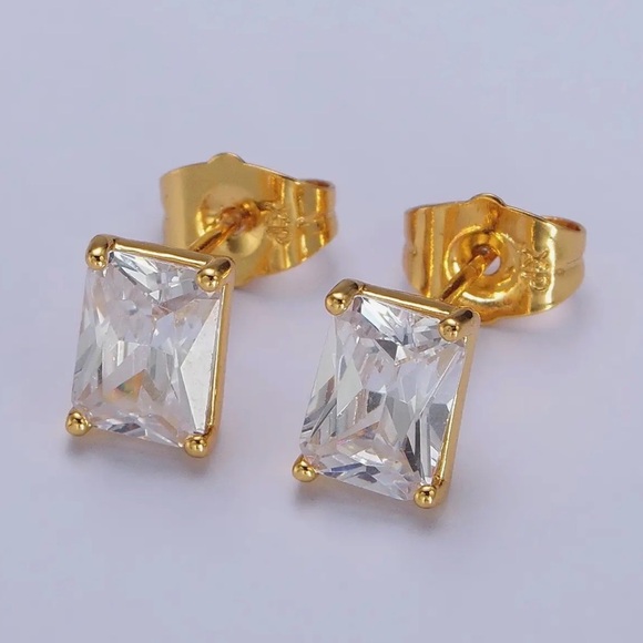 24K Gold Clear Baguette Stud Earrings (7707) - Picture 3 of 3